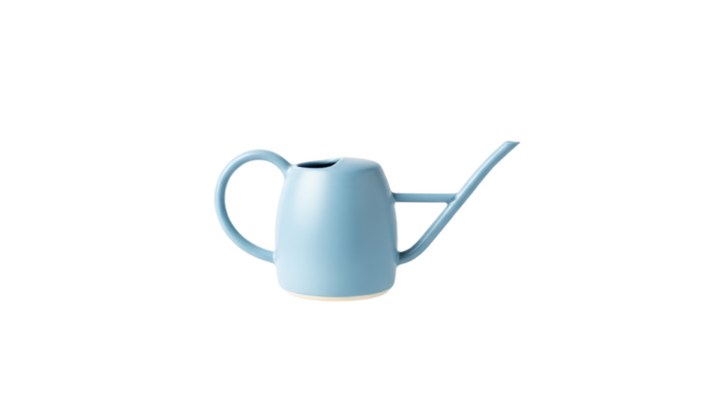 Minimalist light blue watering can on a clean white background showcasing simple elegance and functional design, perfect for gardening enthusiasts