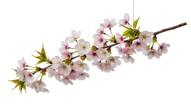 Delicate floral beauty: A captivating close-up of cherry blossoms on a branch against a pristine backdrop symbolizing fleeting spring elegance