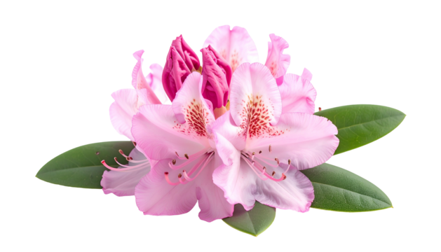 Close-up of delicate pink flower with speckled petals, bud, and green leaves