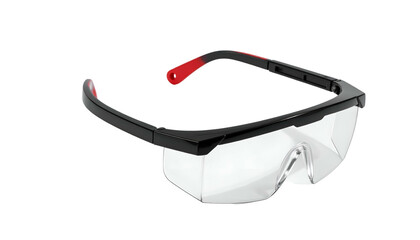 Close-up studio shot of black and clear safety glasses with red accents