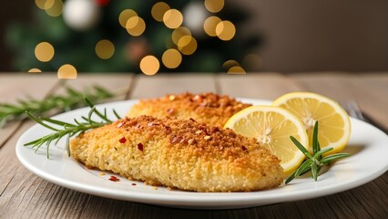 Festive Christmas dinner featuring crispy baked fish fillets garnished with fresh lemon and rosemary on a wooden table