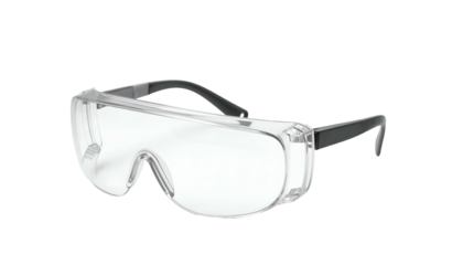 Close-up of protective eyewear with clear lenses and dark arms, isolated on black