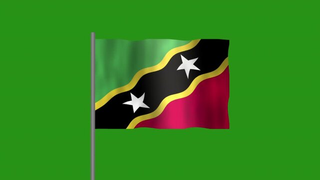 Flag of Saint Kitts and Nevis, Pole flag of Saint Kitts and Nevis on Green screen chroma key, Saint Kitts and Nevis 3D Animation flag waving in the wind isolated on Green Background. 
