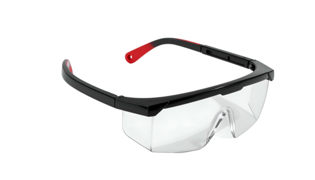 Close-up studio shot of black and clear safety glasses with red accents