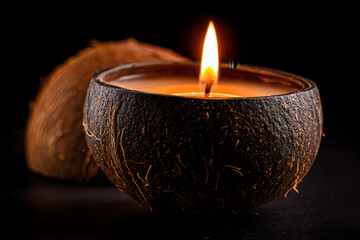 Burning candle in natural coconut on a black background