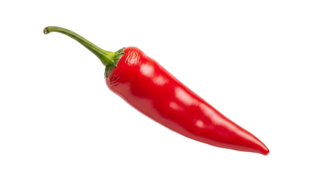 Isolated red chili pepper with a vibrant sheen against a stark white backdrop, showcasing its crispness and smooth texture