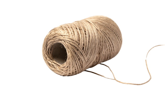 A close-up of a spool of twine on a solid black background