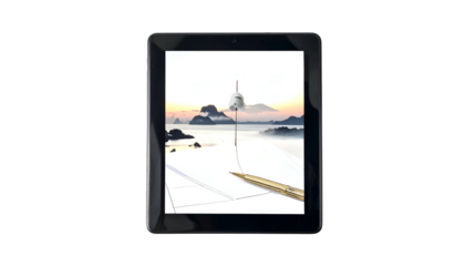 A tablet displays a scenic image with a bell, pen, and serene natural landscape