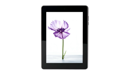Tablet displays a purple flower on a white background, black screen frame