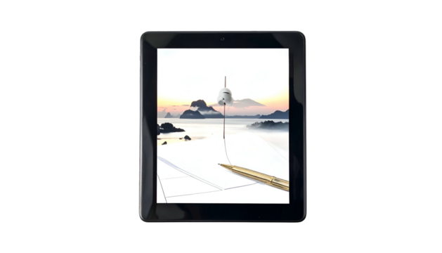 A tablet displays a scenic image with a bell, pen, and serene natural landscape