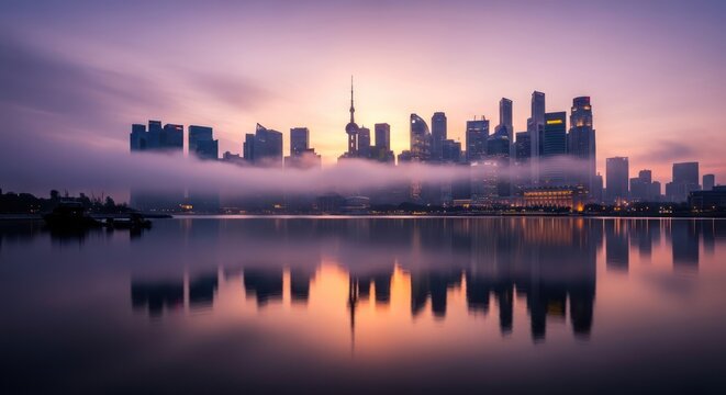 Cityscape reflected in calm waters under a serene twilight sky enhanced by ethereal mist - Powered by Adobe