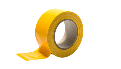 A roll of bright yellow adhesive tape with a peeled, rectangular piece resting alongside
