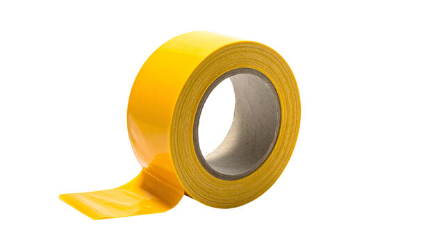 A roll of bright yellow adhesive tape with a peeled, rectangular piece resting alongside