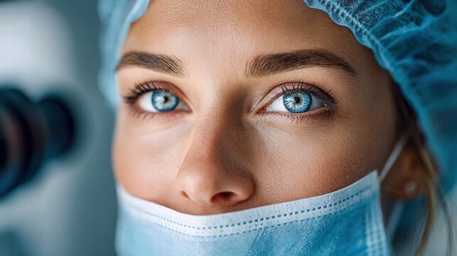 Close-up of a medical professional's eyes, wearing a surgical mask and cap.