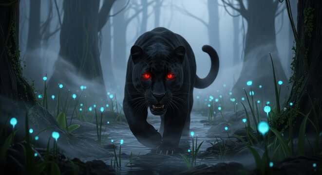 A black panther with glowing red eyes stalking through a mystical misty forest