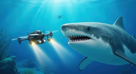 Fototapeta premium Underwater encounter of the apex predator great white shark and a futuristic drone technology
