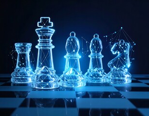 Glowing chess pieces on a board, with a digital network overlay