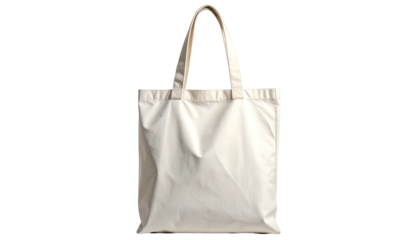 Plain, off-white canvas tote bag with twin handles, isolated on a solid black background