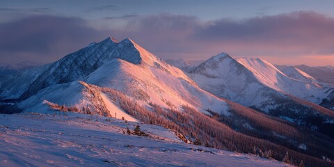 Snow covered mountain peaks bathed in soft pink sunrise light with pine trees winter