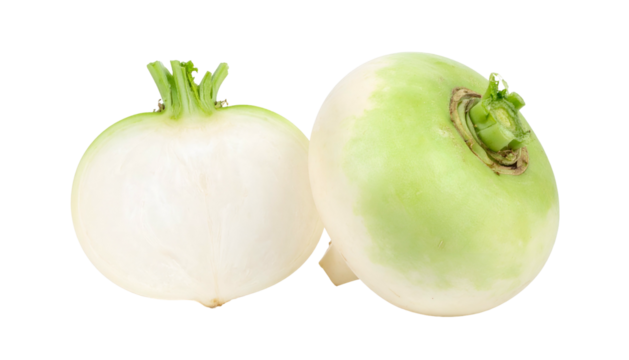 Close-up of a white and green root vegetable, one half cut to show the interior