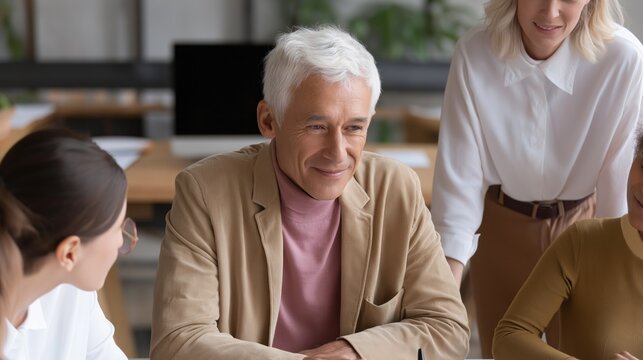 A group of diverse, multigenerational business professionals engage in a lively discussion, brainstorming ideas and strategies in a bright, modern office filled with plants and natural light