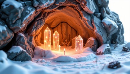 premium ice cave glowing crystals with tiny light posts, frosted glass shell base, storybook inspired winter setting, isolated on pure white background, ultra sharp, minimal to no shadow.