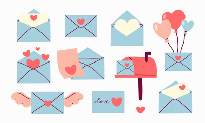 Cute love mail and envelope set concept, trendy style craft post card with hearts , cartoon romantic postcard and letters design with heart and stamps, flat handmade romantic cute elements