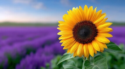 A vibrant, single sunflower with bright yellow petals and a dark center stands tall in the foreground. Behind it, a vast, blurred field of purple flowers stretc