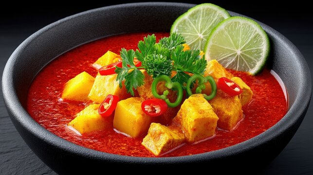 A close-up shot of a vibrant red curry dish in a black bowl, featuring cubes of golden tofu, sliced green chilies, red chili pieces, fresh parsley, and lime sli