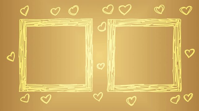 Adjacent hand-drawn square frames rough scribble lines, Warm golden gradient background scattered heart shapes, Stop motion animation double frames and hand-drawn hearts