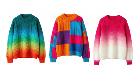 Vibrant knitted sweaters isolated on transparent background

