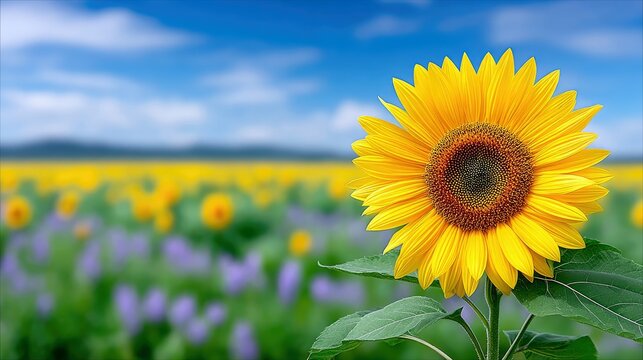 A close-up of a vibrant yellow sunflower in a field of sunflowers and purple flowers under a bright blue sky with scattered clouds.
