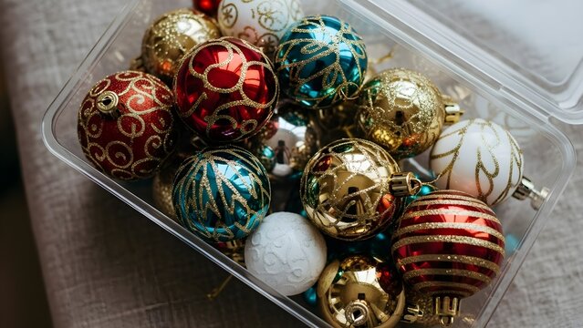 A clear plastic storage box filled with a colorful assortment of red, gold, and blue Christmas tree ornaments ready for decorating