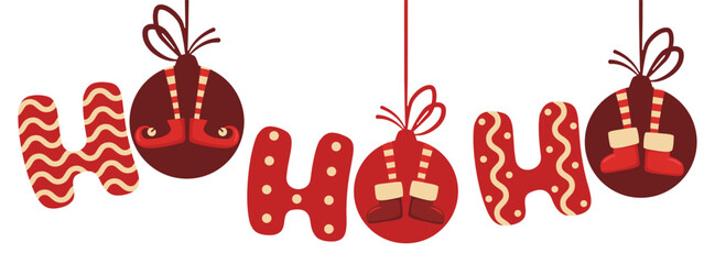 Merry Christmas vector illustration with Ho Ho Ho lettering, Christmas balls decoration and elf legs isolated on white background. Holiday design template for card, poster print, web banner