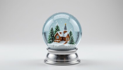 a classic snow globe with rotating inner scene, built on a silver trimmed base, dream like snowy atmosphere, isolated on pure white background, ultra sharp, minimal to no shadow.