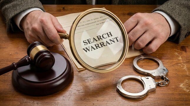 Legal search warrant document displaying words 'Search Warrant', placed beside a gavel and shiny metal handcuffs on modern wooden table background