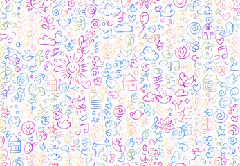 Playful and vibrant abstract doodle pattern featuring whimsical hand-drawn symbols on a colorful glitch effect background, perfect for creative design