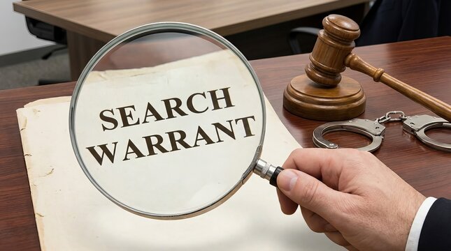Legal search warrant document displaying words 'Search Warrant', placed beside a gavel and shiny metal handcuffs on modern wooden table background