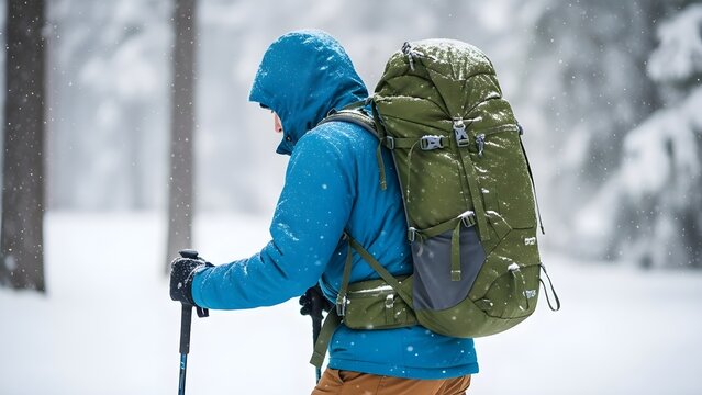 Lone adventurer with a large green backpack hiking through a snowy forest during a winter snowstorm - Powered by Adobe