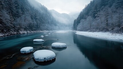 A serene winter landscape featuring a dark, flowing river surrounded by snow-covered trees and mountains. Several rocks in the foreground are topped with snow a