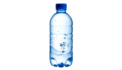 Clear plastic bottle filled with clean water, with a dark backdrop