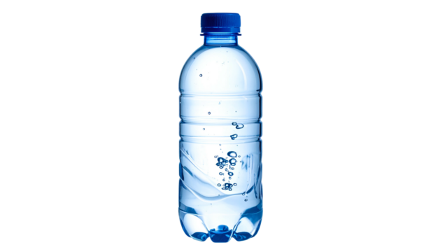 Clear plastic bottle filled with clean water, with a dark backdrop