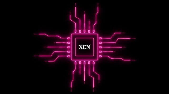 Neon Pink Circuit Board With Xen Text technology computer. neon line data concept animation.