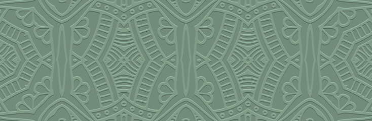 Banner, cover design, mural. Original geometric ethnic 3D pattern on a green background, embossed. Handmade. Ornaments, arabesques, mandalas of the East, Asia, India, Mexico, Aztecs, and Peru.