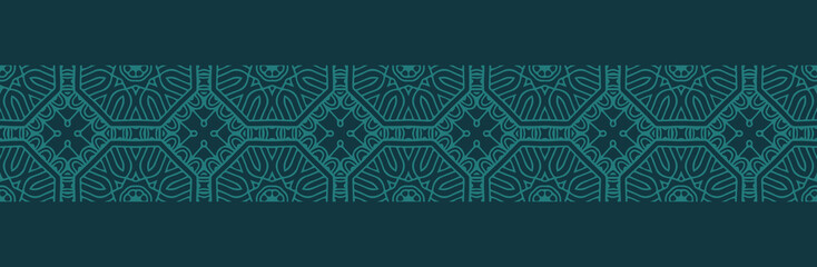 Banner, cover design, mural. Geometric ethnic abstract pattern, blue background. Handcrafted style. Tribal ornaments, arabesques, mandalas. Traditions of the East, Asia, India, Mexico, Aztecs, Peru.

