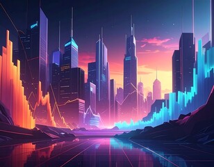 Futuristic city skyline with data visualization overlay, vibrant colors