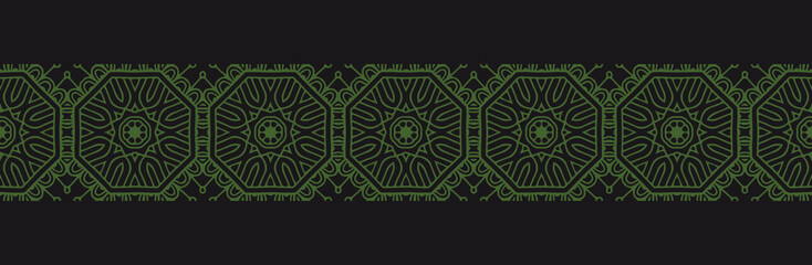 Banner, cover design, mural. Geometric ethnic artistic pattern, black background. Handcrafted style. Tribal ornaments, arabesques, mandalas. Traditions of the East, Asia, India, Mexico, Aztecs, Peru.
