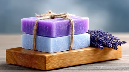 Two bars of soap, one purple and one light blue, are stacked on a wooden tray next to a sprig of lavender. The soaps are tied together with twine. The backgroun
