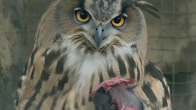 Eurasian Eagle Owl Eating a Mouse.