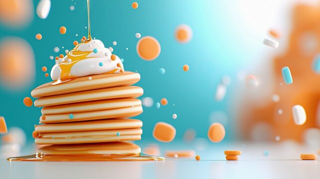 A whimsical, brightly lit scene featuring a tall stack of golden pancakes topped with whipped cream and drizzled with golden syrup. Small, colorful candies and - Powered by Adobe